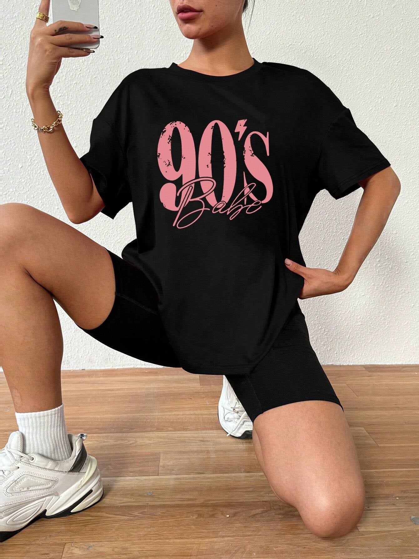 Vavaluxe Ladies" Summer Loose Drop Shoulder T-Shirt with Letter Print and Simple Style Oversized Fit Graphic Tees Women Tops