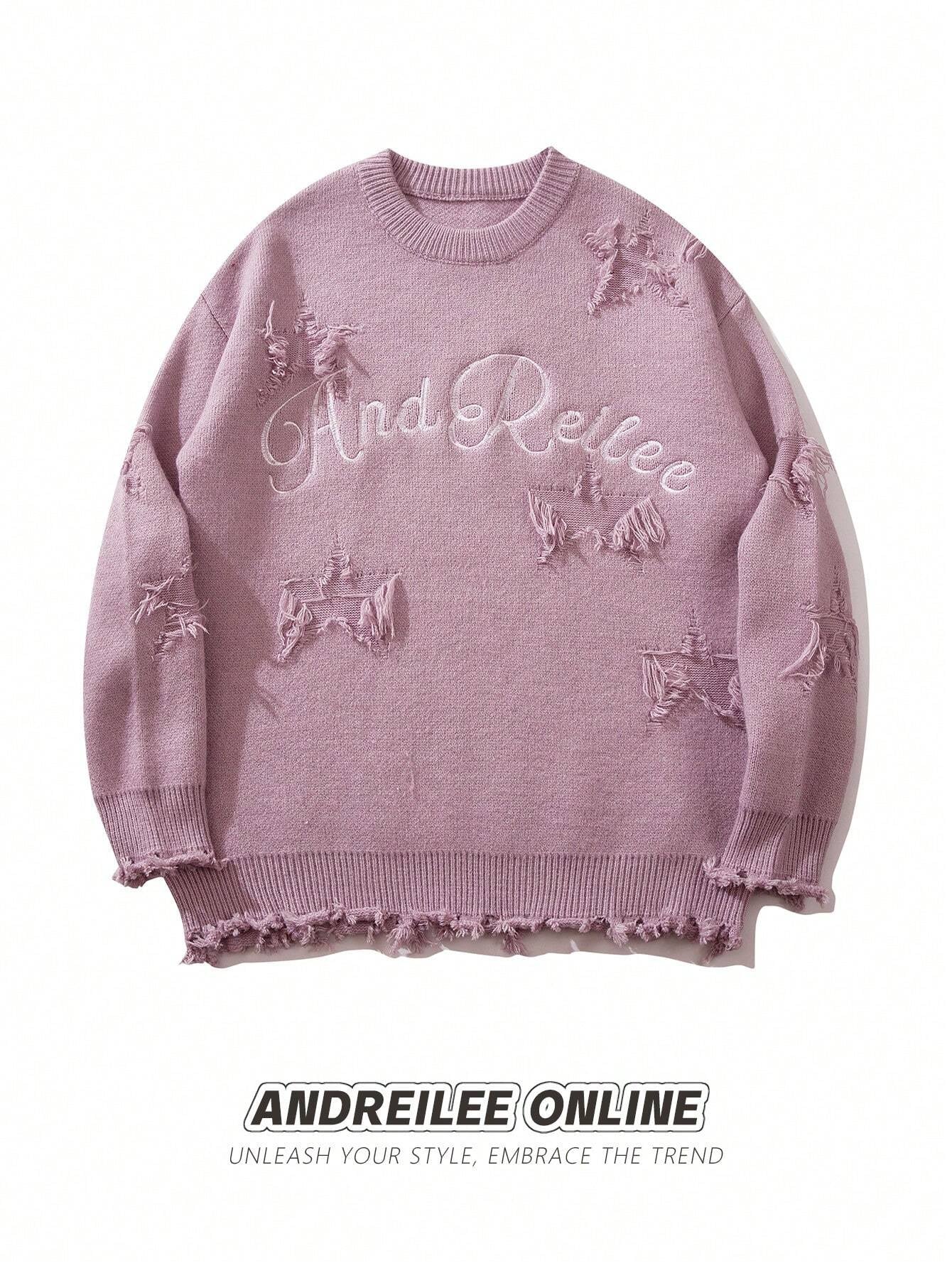 Unisex Street Fashion Letter Embroidered Star Distressed Tassel Hem Long Sleeve Knitted Sweater, Casual Loose Pullover