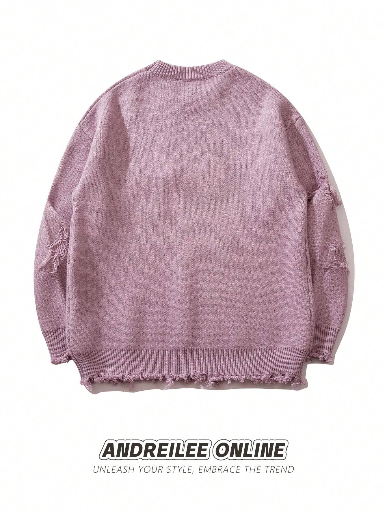 Unisex Street Fashion Letter Embroidered Star Distressed Tassel Hem Long Sleeve Knitted Sweater, Casual Loose Pullover