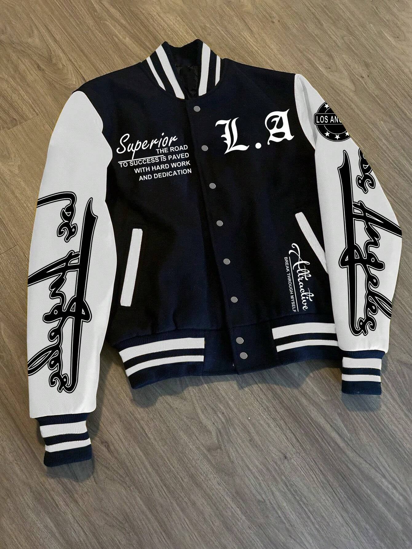 Manfinity EMRG Men'S Simple Print Daily Long Sleeve Baseball Jacket, Designer, Urban, Graffiti, Color Block, Friends