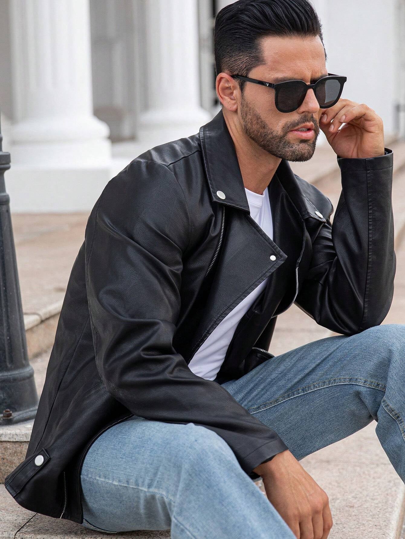 Manfinity LEGND Men Zip up PU Leather Moto Jacket,Halloween Going Out Bomber Goth Black Long Sleeve Jacket, for Friends, Husband, Boyfriend Gifts
