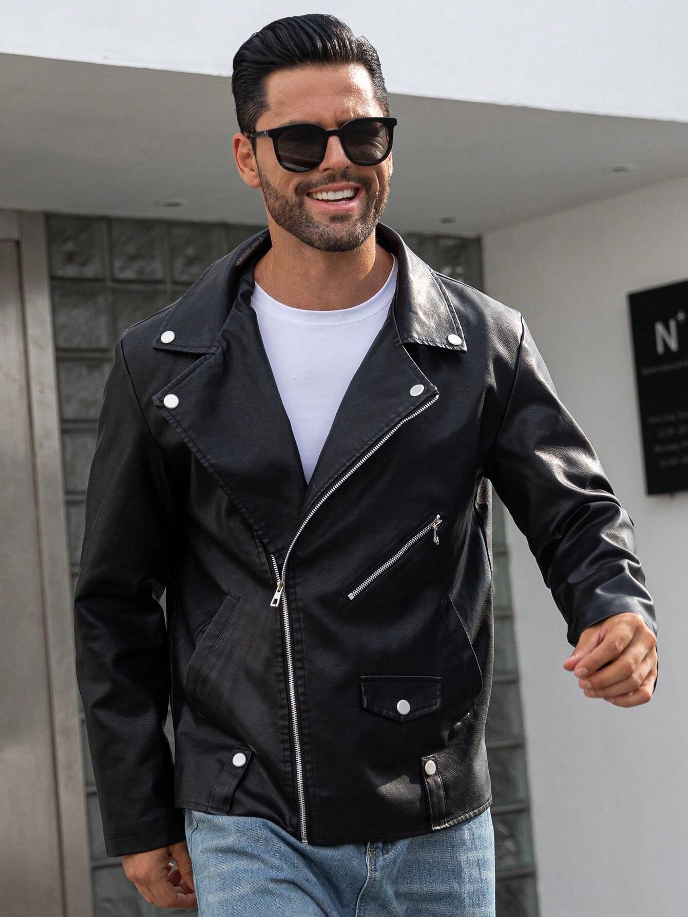 Manfinity LEGND Men Zip up PU Leather Moto Jacket,Halloween Going Out Bomber Goth Black Long Sleeve Jacket, for Friends, Husband, Boyfriend Gifts