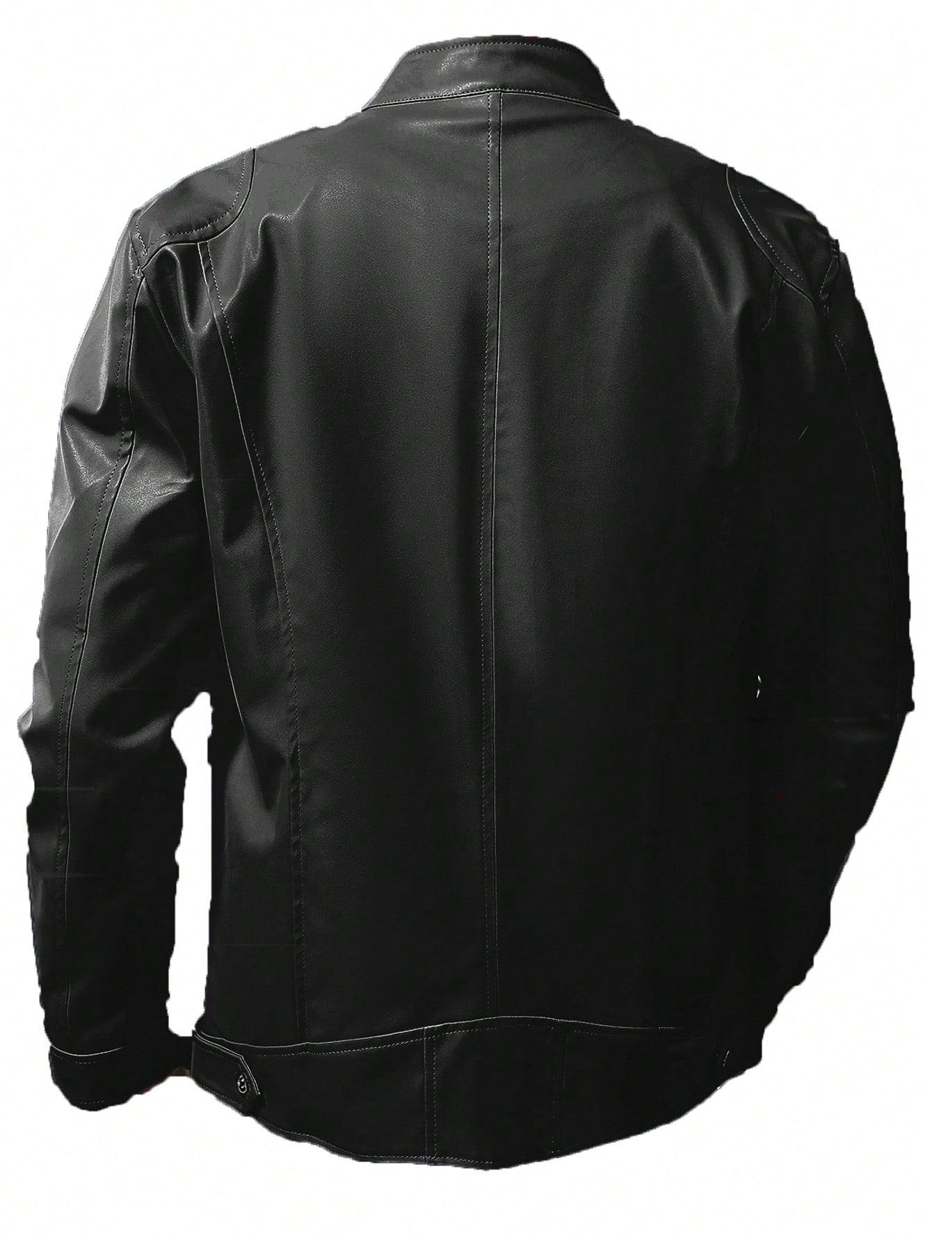 Men'S Stand Collar Fitted Faux Leather Jacket with Zipper Pockets, Motorcycle Style
