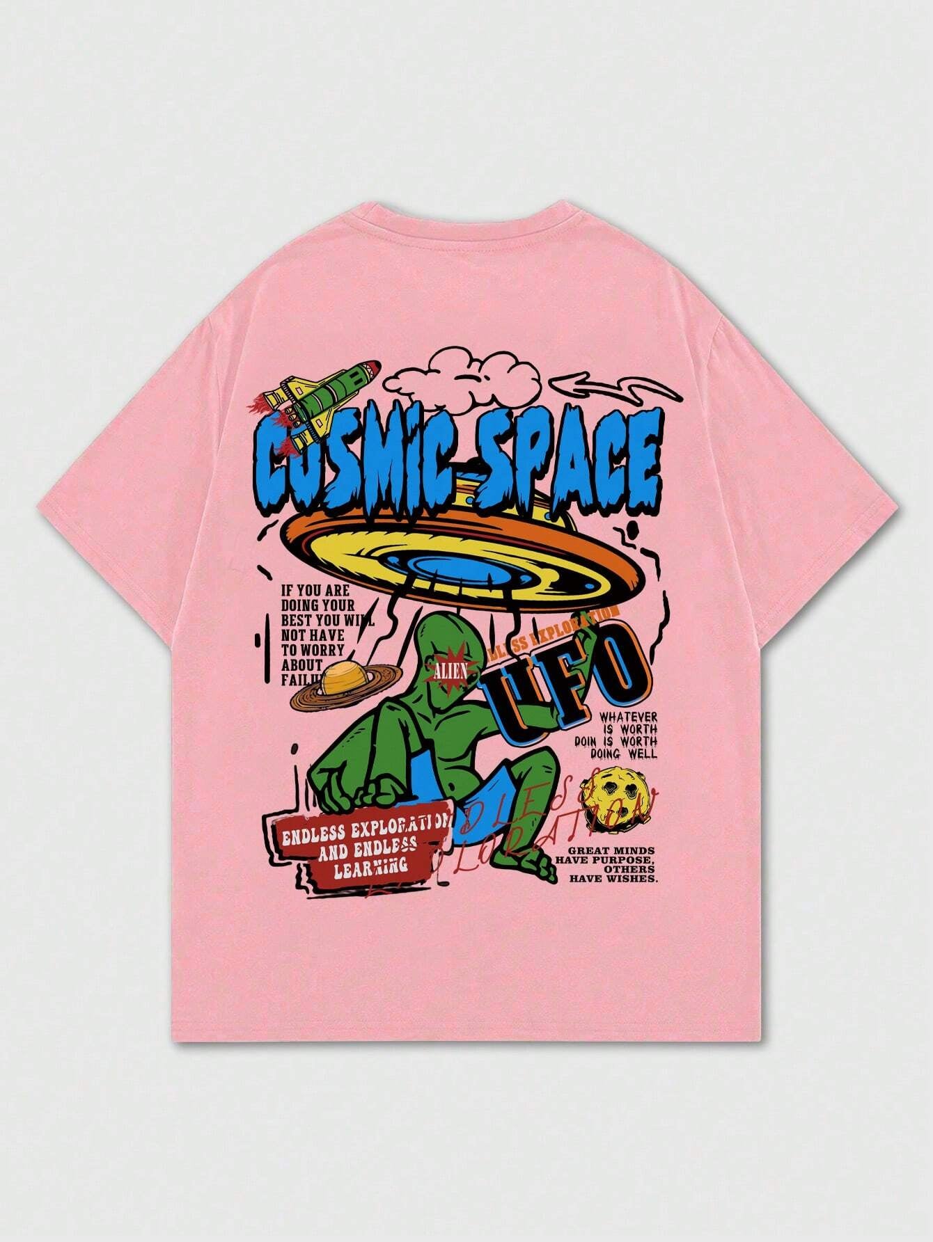 ROMWE MEN Street Life Men Cartoon & Slogan Graphic Drop Shoulder Tee, School