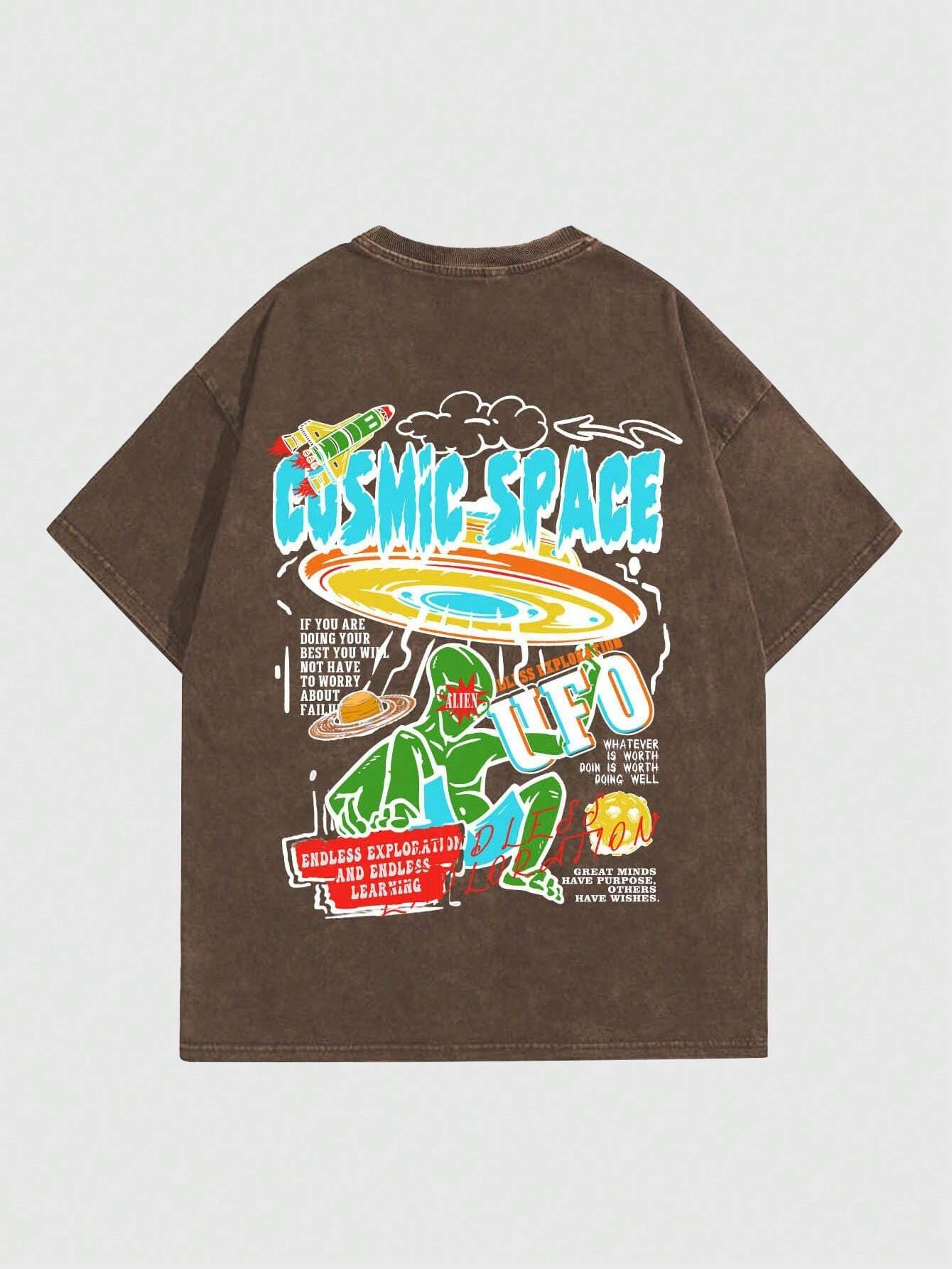 ROMWE MEN Street Life Men Cartoon & Slogan Graphic Drop Shoulder Tee, School