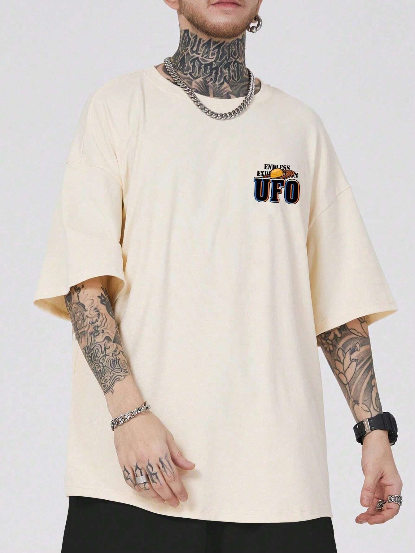 ROMWE MEN Street Life Men Cartoon & Slogan Graphic Drop Shoulder Tee, School