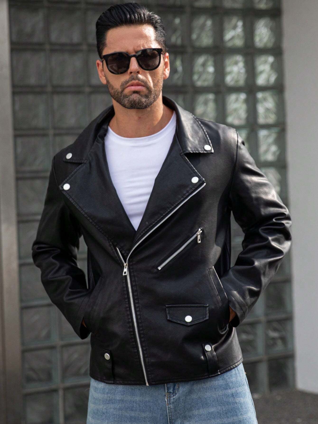 Manfinity LEGND Men Zip up PU Leather Moto Jacket,Halloween Going Out Bomber Goth Black Long Sleeve Jacket, for Friends, Husband, Boyfriend Gifts