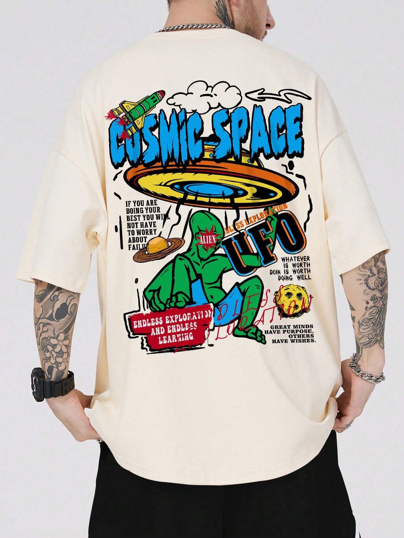 ROMWE MEN Street Life Men Cartoon & Slogan Graphic Drop Shoulder Tee, School