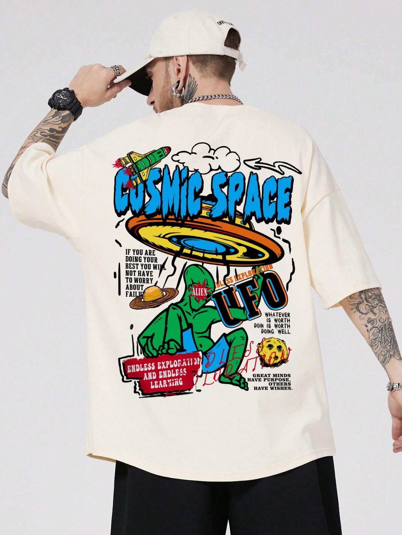 ROMWE MEN Street Life Men Cartoon & Slogan Graphic Drop Shoulder Tee, School