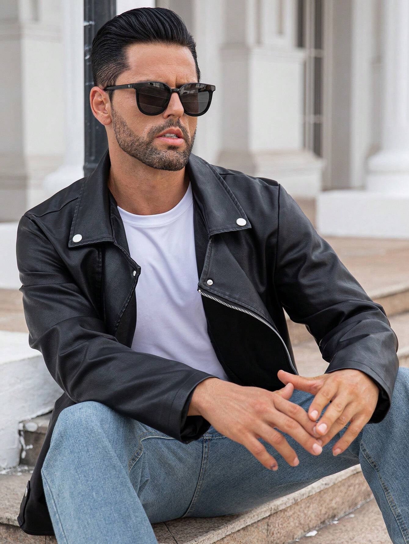 Manfinity LEGND Men Zip up PU Leather Moto Jacket,Halloween Going Out Bomber Goth Black Long Sleeve Jacket, for Friends, Husband, Boyfriend Gifts