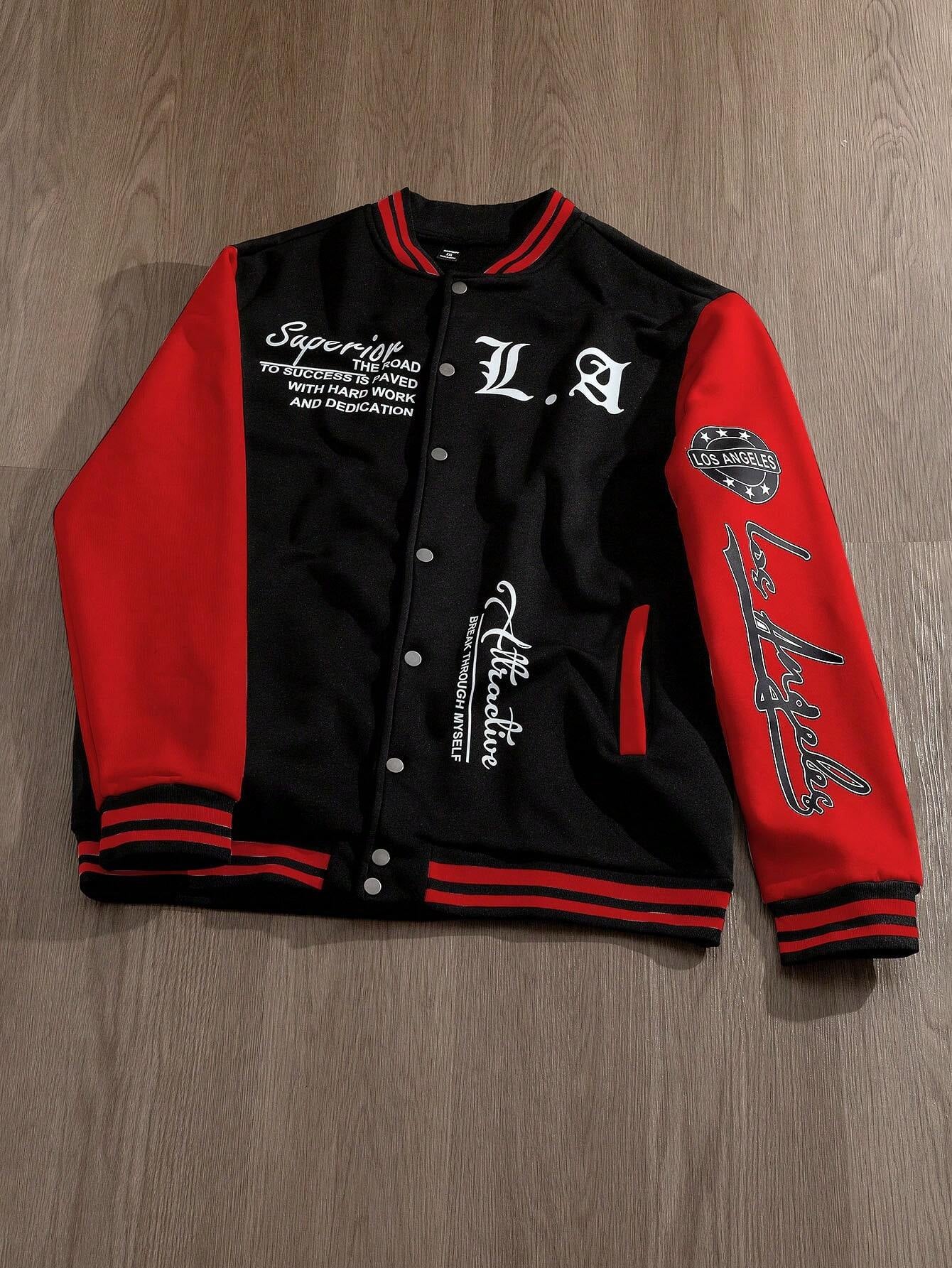Manfinity EMRG Men'S Simple Print Daily Long Sleeve Baseball Jacket, Designer, Urban, Graffiti, Color Block, Friends