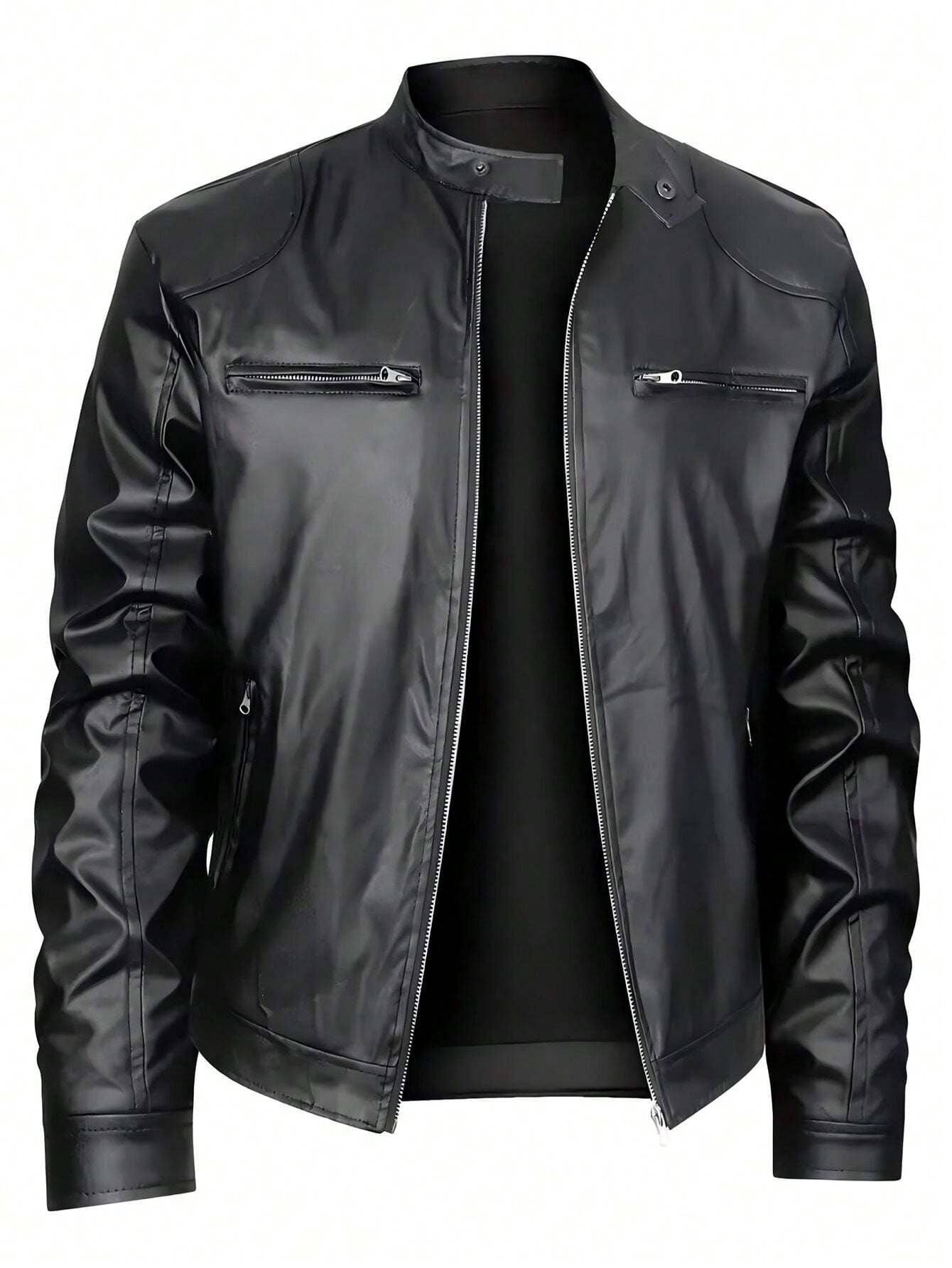 Men'S Stand Collar Fitted Faux Leather Jacket with Zipper Pockets, Motorcycle Style
