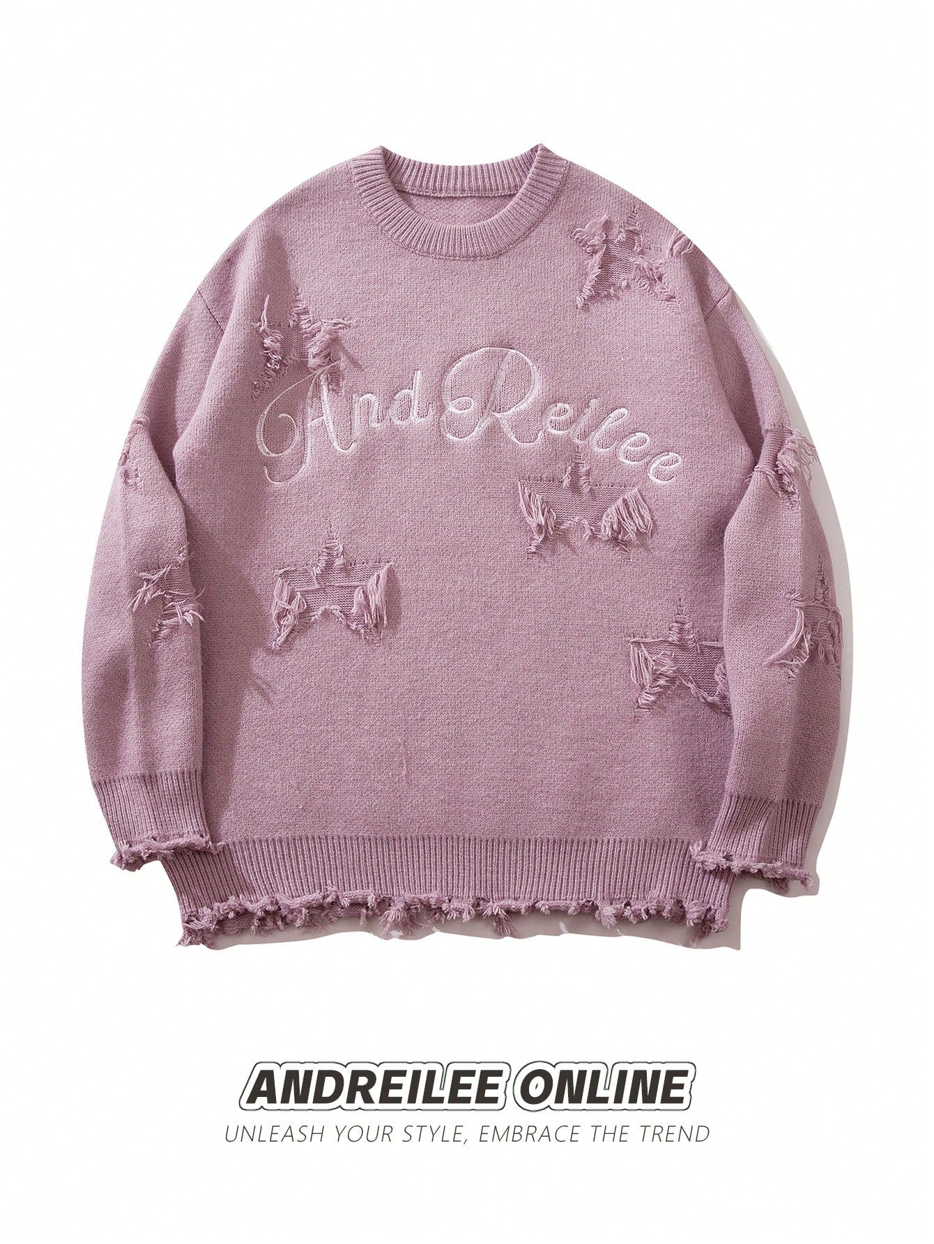 Unisex Street Fashion Letter Embroidered Star Distressed Tassel Hem Long Sleeve Knitted Sweater, Casual Loose Pullover
