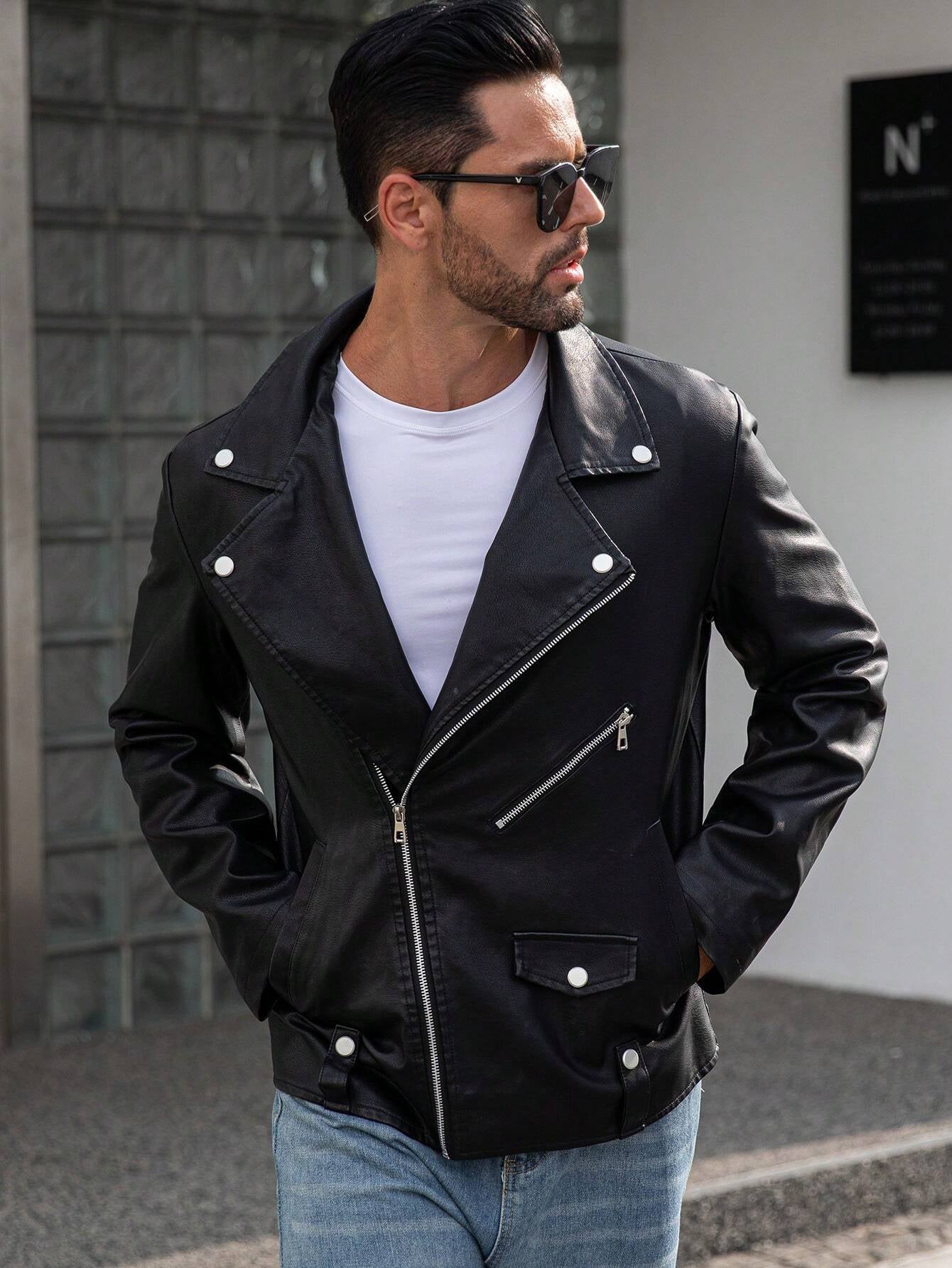 Manfinity LEGND Men Zip up PU Leather Moto Jacket,Halloween Going Out Bomber Goth Black Long Sleeve Jacket, for Friends, Husband, Boyfriend Gifts