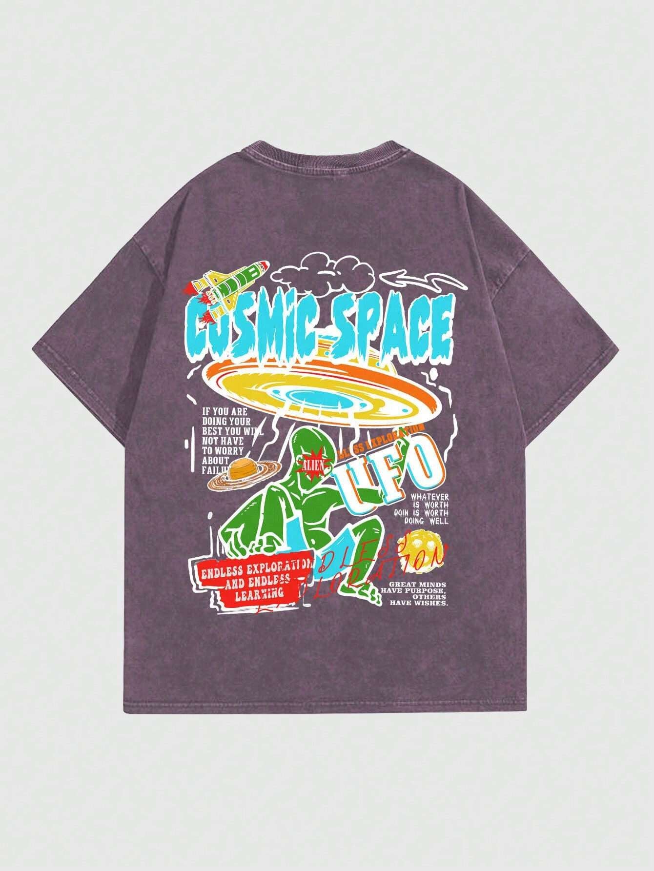 ROMWE MEN Street Life Men Cartoon & Slogan Graphic Drop Shoulder Tee, School