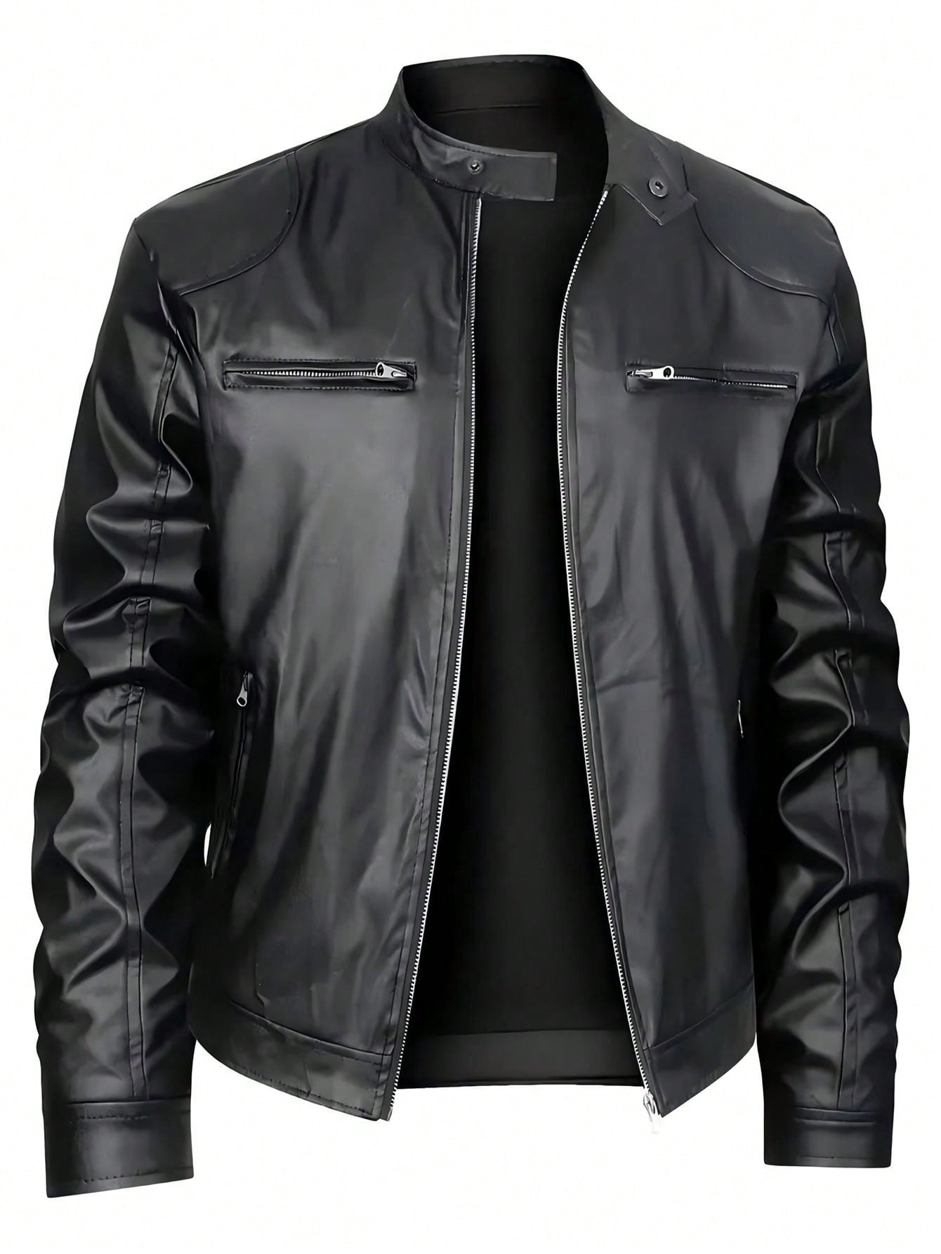Men'S Stand Collar Fitted Faux Leather Jacket with Zipper Pockets, Motorcycle Style