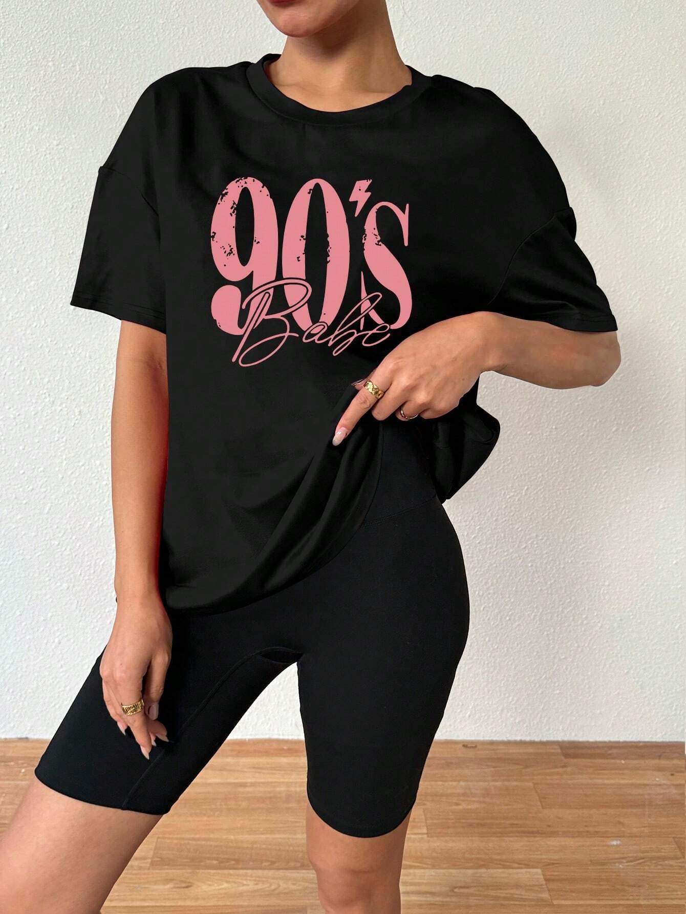 Vavaluxe Ladies" Summer Loose Drop Shoulder T-Shirt with Letter Print and Simple Style Oversized Fit Graphic Tees Women Tops