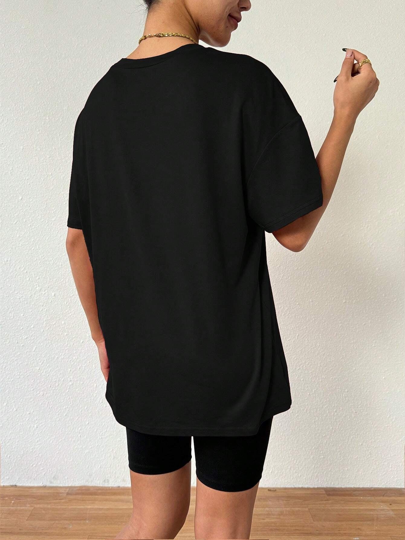 Vavaluxe Ladies" Summer Loose Drop Shoulder T-Shirt with Letter Print and Simple Style Oversized Fit Graphic Tees Women Tops