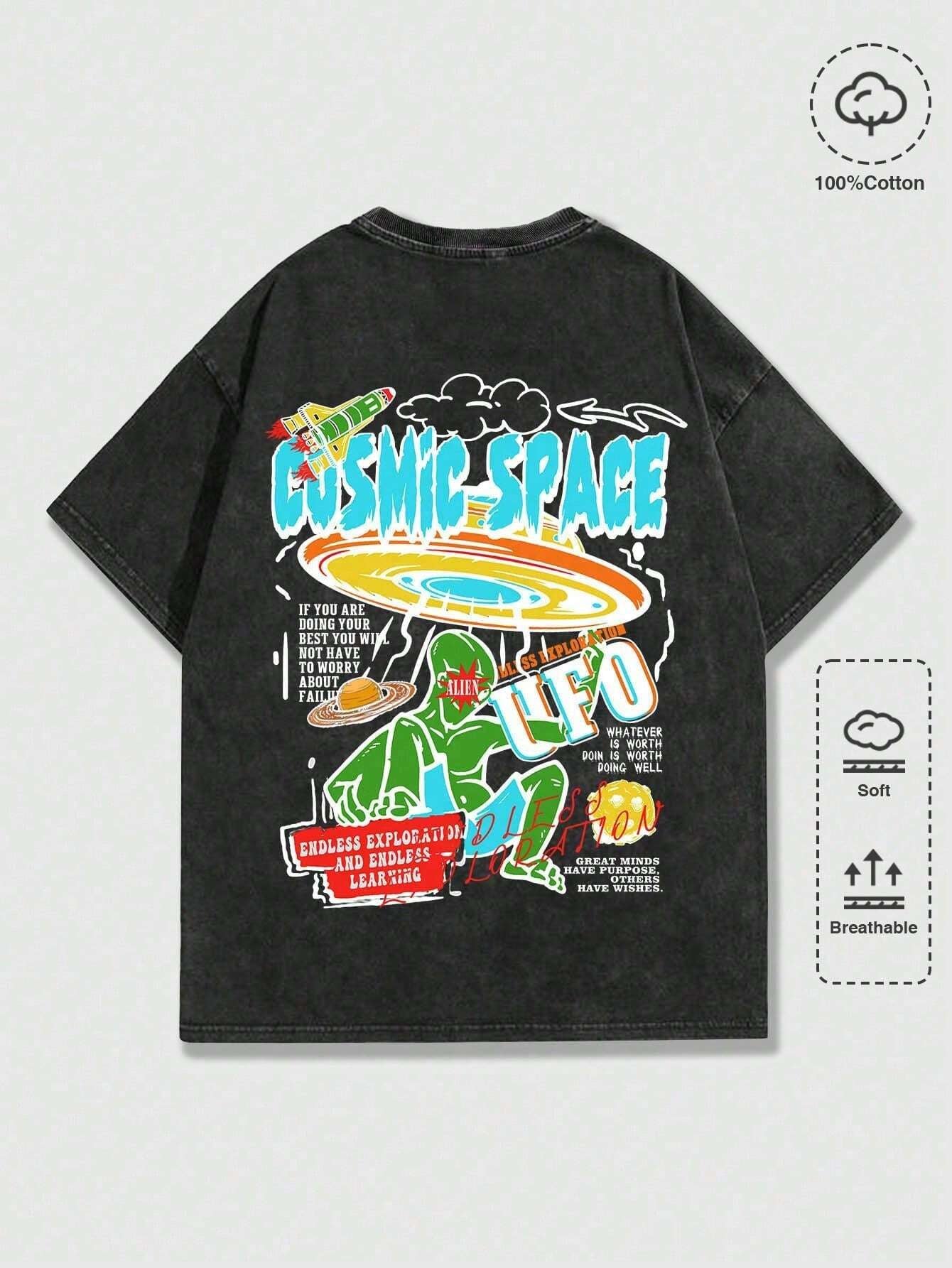 ROMWE MEN Street Life Men Cartoon & Slogan Graphic Drop Shoulder Tee, School