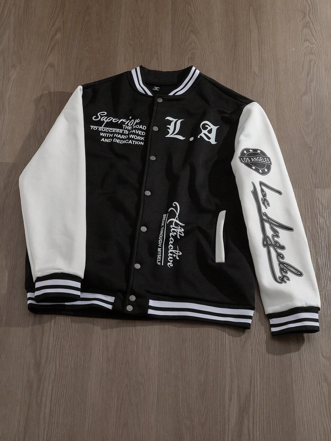 Manfinity EMRG Men'S Simple Print Daily Long Sleeve Baseball Jacket, Designer, Urban, Graffiti, Color Block, Friends