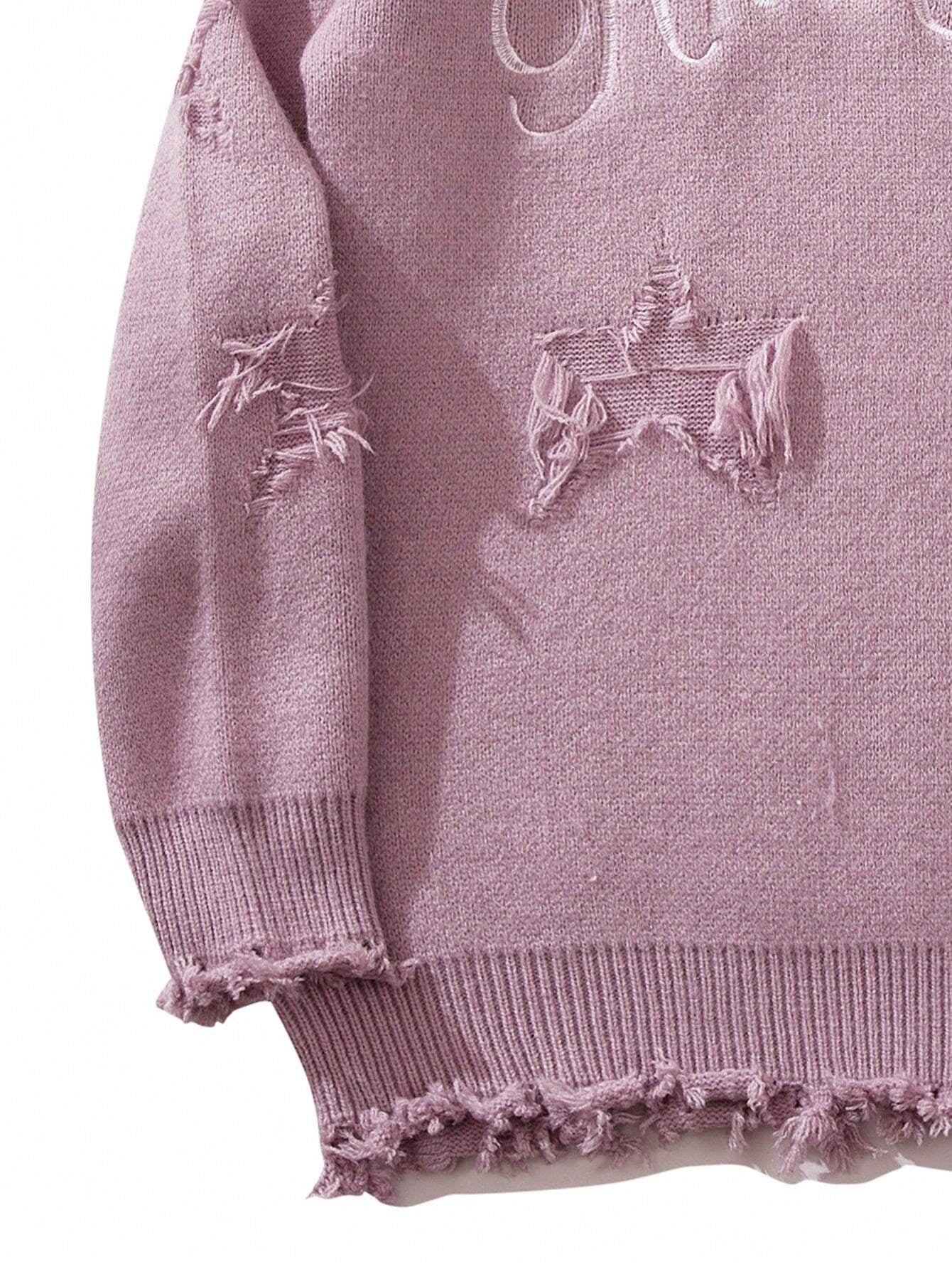 Unisex Street Fashion Letter Embroidered Star Distressed Tassel Hem Long Sleeve Knitted Sweater, Casual Loose Pullover