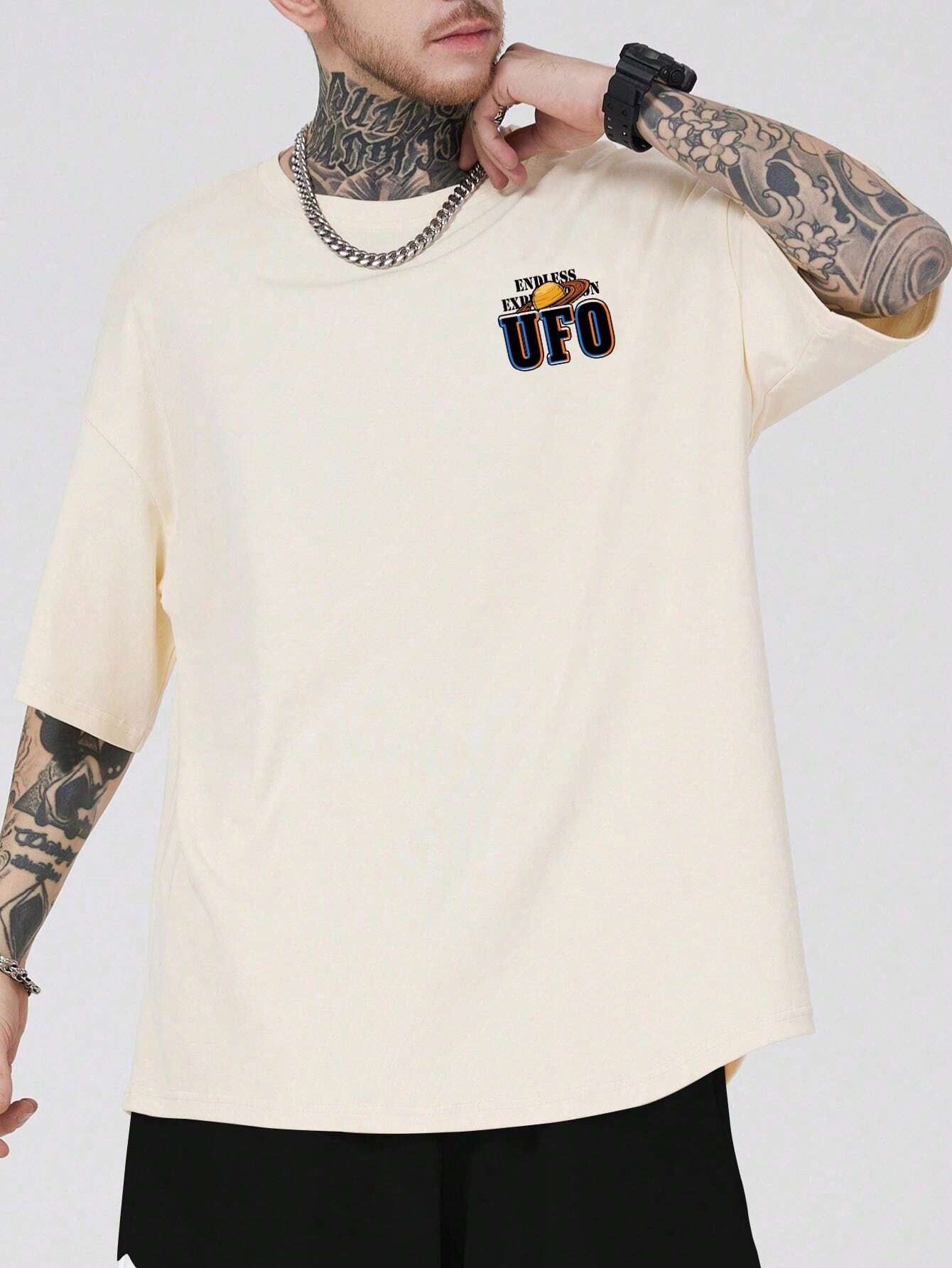 ROMWE MEN Street Life Men Cartoon & Slogan Graphic Drop Shoulder Tee, School