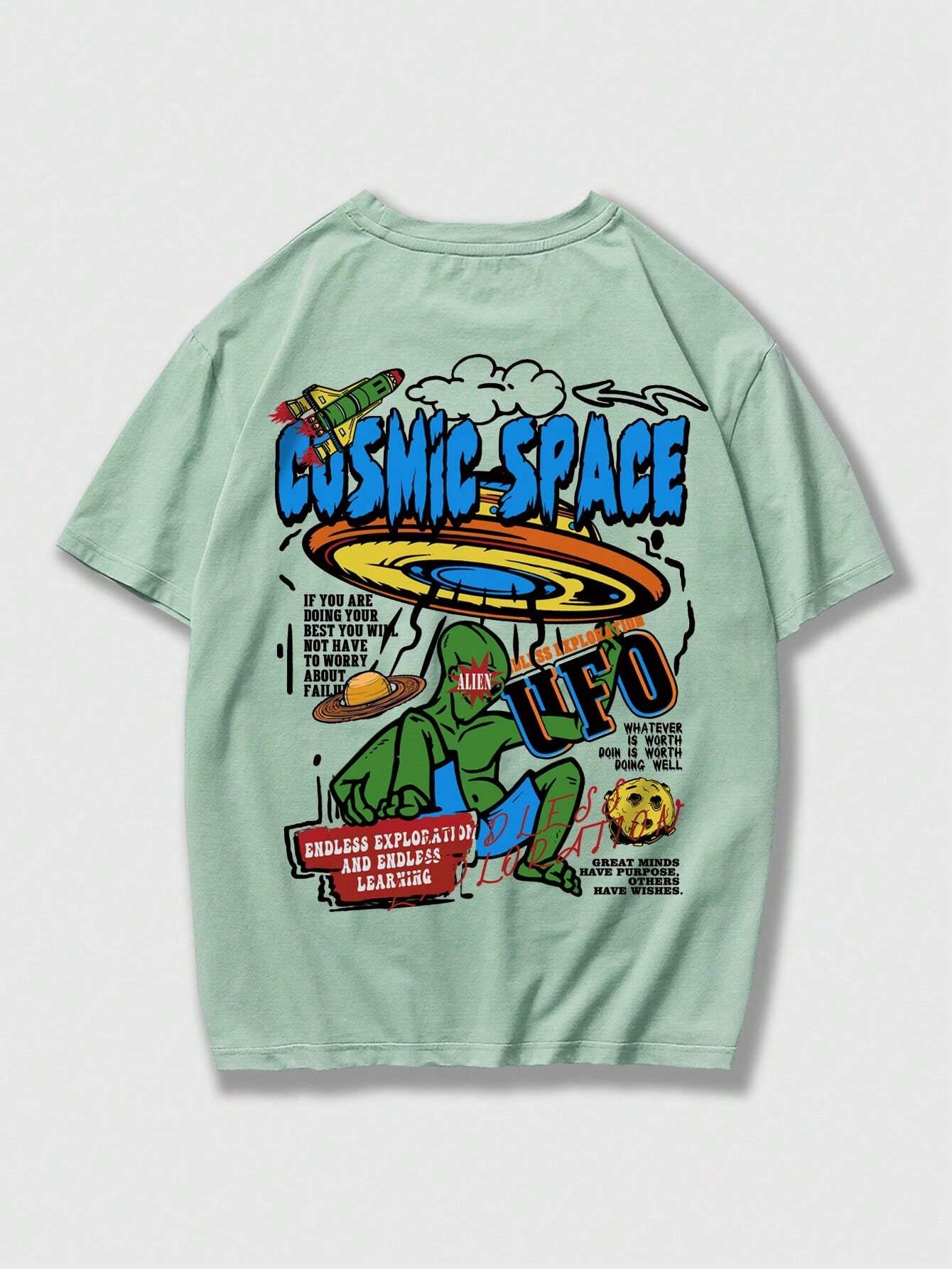 ROMWE MEN Street Life Men Cartoon & Slogan Graphic Drop Shoulder Tee, School
