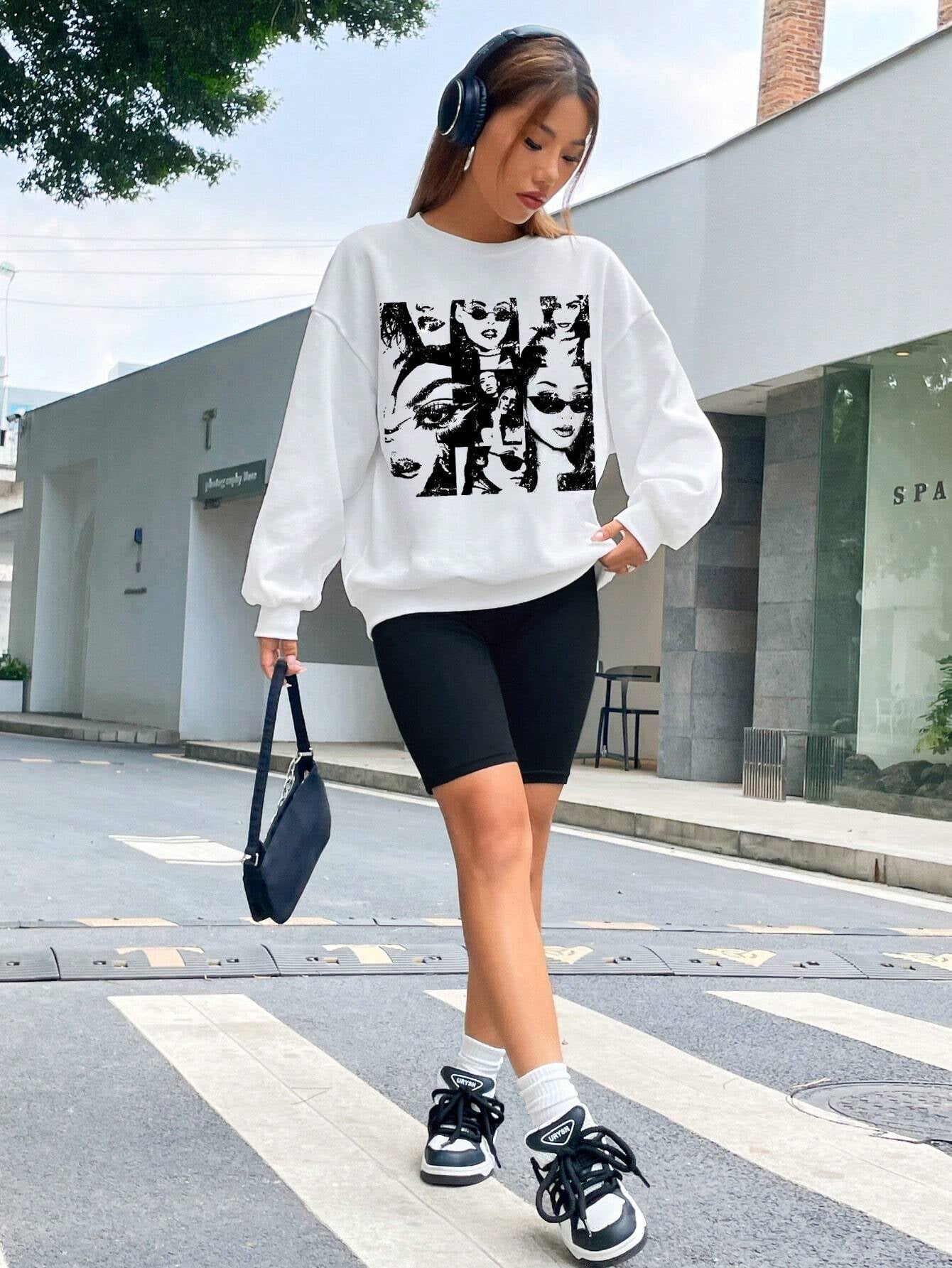 Ezwear Oversized Casual Street Figure Print Crew Neck Dropped Shoulder Long Sleeve Sweatshirt for Women, Autumn/Winter