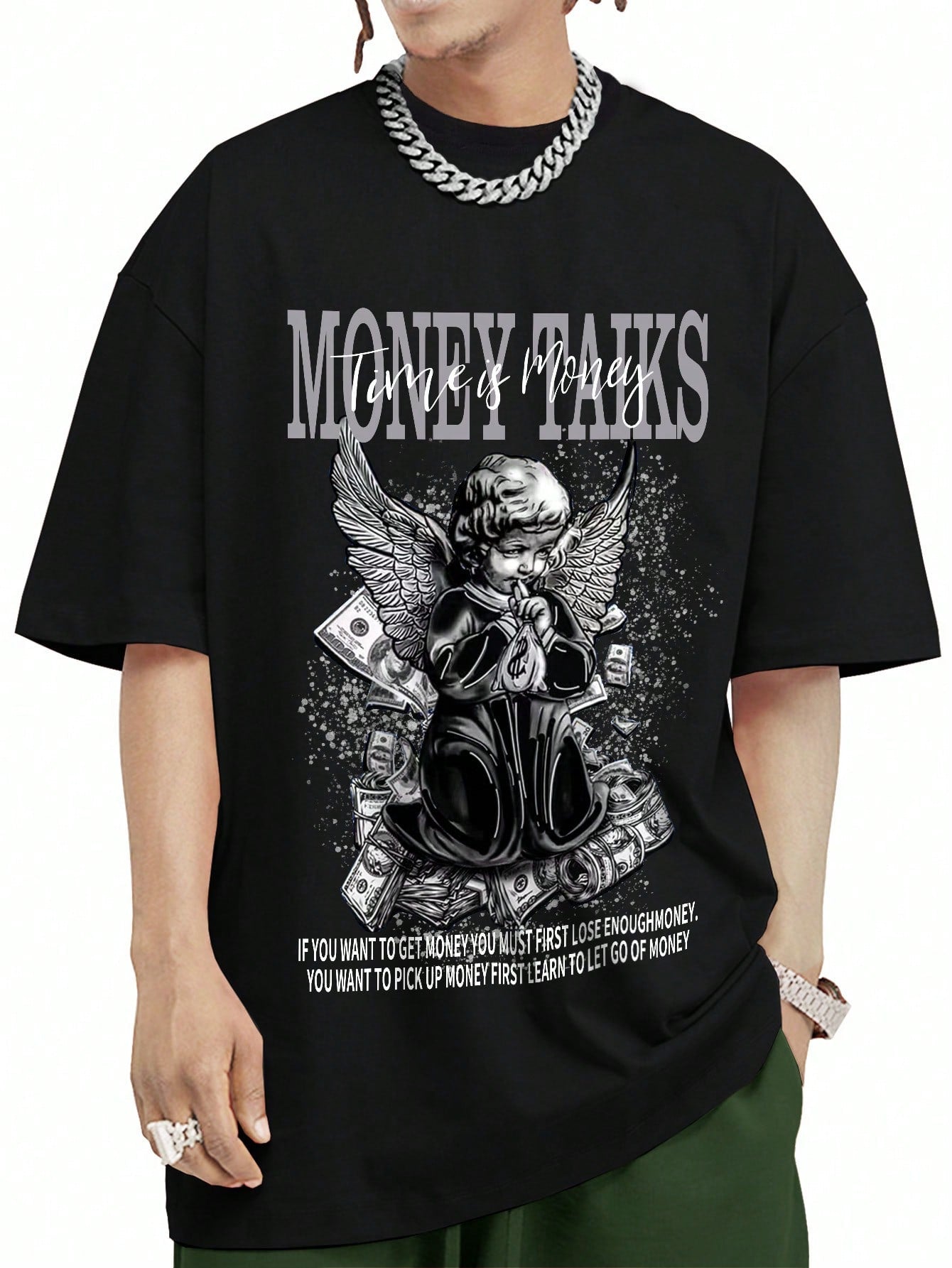 ROMWE MEN Street Life Men Slogan & Figure Graphic Drop Shoulder Tee, School