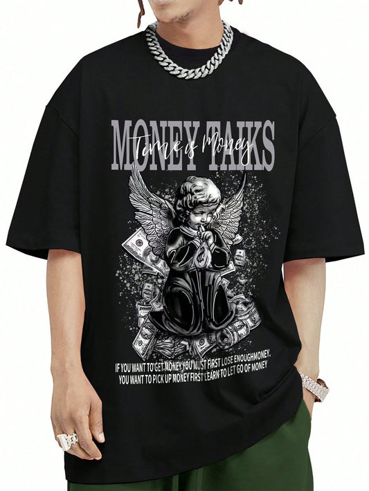 ROMWE MEN Street Life Men Slogan & Figure Graphic Drop Shoulder Tee, School