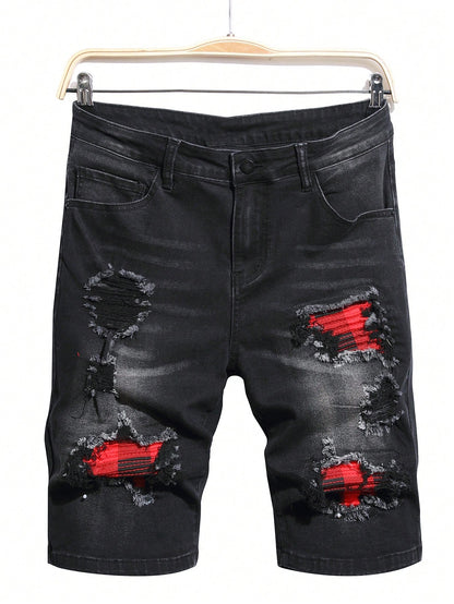 Manfinity EMRG Men'S Washed Ripped Denim Shorts Plain Denim Jorts Black Denim Shorts, for Husband, Boyfriend Gifts