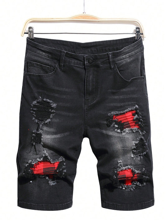 Manfinity EMRG Men'S Washed Ripped Denim Shorts Plain Denim Jorts Black Denim Shorts, for Husband, Boyfriend Gifts