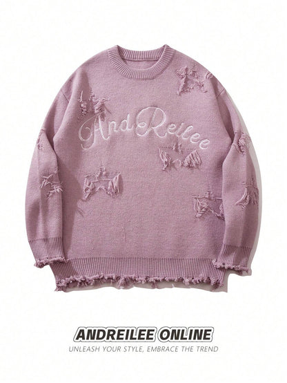 Unisex Street Fashion Letter Embroidered Star Distressed Tassel Hem Long Sleeve Knitted Sweater, Casual Loose Pullover