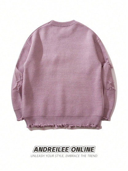 Unisex Street Fashion Letter Embroidered Star Distressed Tassel Hem Long Sleeve Knitted Sweater, Casual Loose Pullover