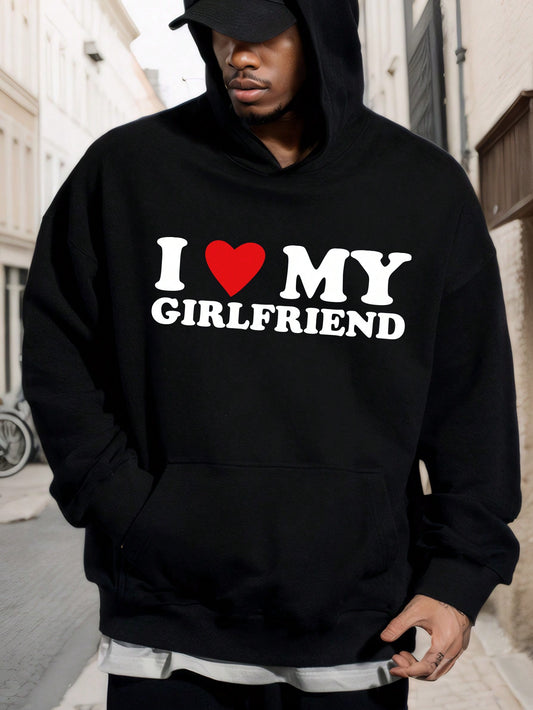 Boyfriend Style Men Heart & Slogan Graphic Hoodies I Love My Girlfriend, Thermal Lined Thick for Warmth