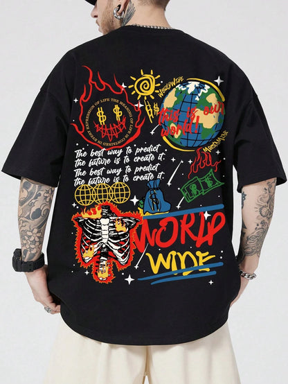 ROMWE MEN Street Life Men Slogan Skeleton Graphic Y2K T-Shirt for Halloween, School