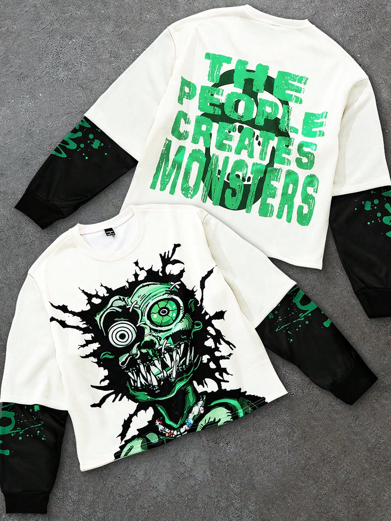 Manfinity EMRG Men'S Street INS Green Big-Eyed Monster Oversized Pattern Design round Neck Black and White Color Block Sweatshirt. Fall and Winter Green Graphic Rapper Sweatshirt Going Out Street Wear Crew Neck Graphic Long Sleeve Sweatshirt, for Friends, Husband, Boyfriend Gifts