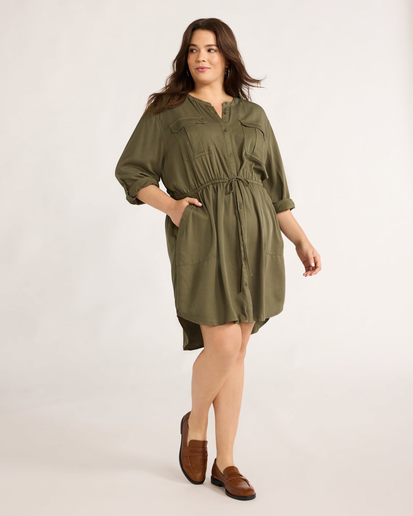 Women'S and Women'S plus Utility Shirtdress with Long-Sleeves, Sizes XS-4X