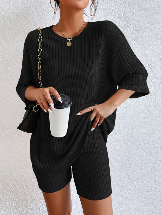 Essnce Drop Shoulder Ribbed Knit Tee & Biker Shorts