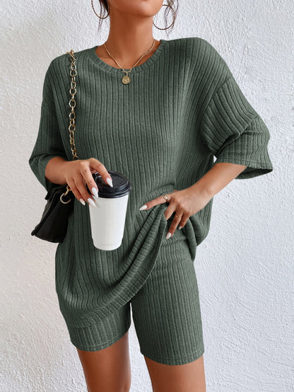 Essnce Drop Shoulder Ribbed Knit Tee & Biker Shorts