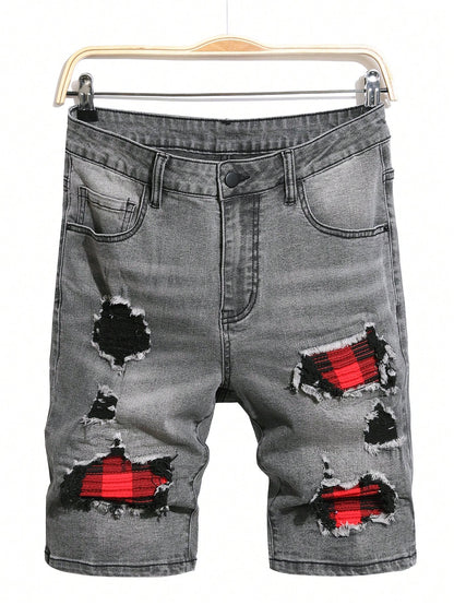 Manfinity EMRG Men'S Washed Ripped Denim Shorts Plain Denim Jorts Black Denim Shorts, for Husband, Boyfriend Gifts