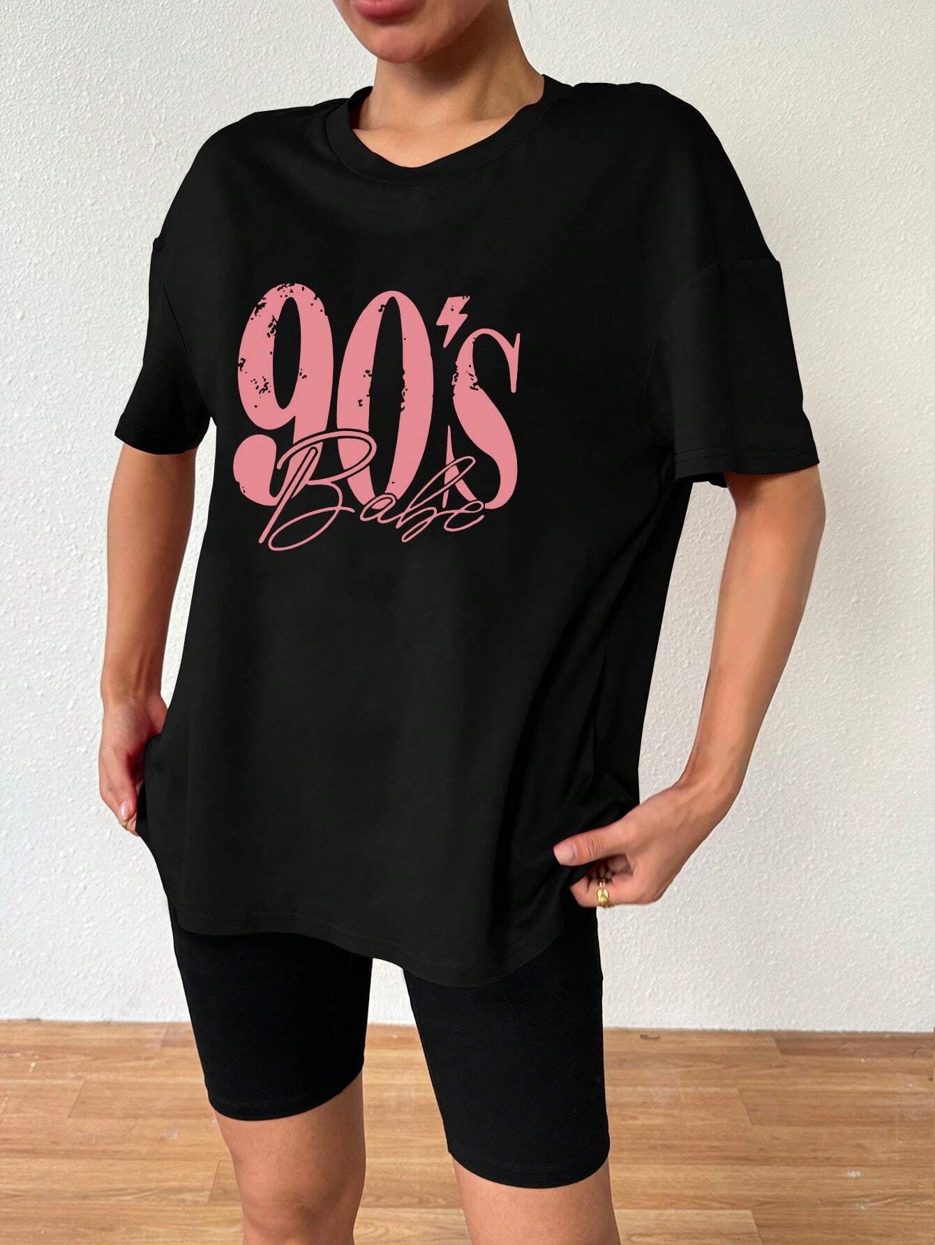 Vavaluxe Ladies" Summer Loose Drop Shoulder T-Shirt with Letter Print and Simple Style Oversized Fit Graphic Tees Women Tops