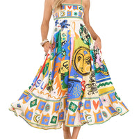 Women Boho Graffiti Cami Long Dress Graphic Spaghetti Strap Flowy Maxi Dress Square Neck Colorful a Line Sundress