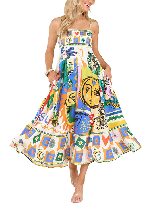 Women Boho Graffiti Cami Long Dress Graphic Spaghetti Strap Flowy Maxi Dress Square Neck Colorful a Line Sundress