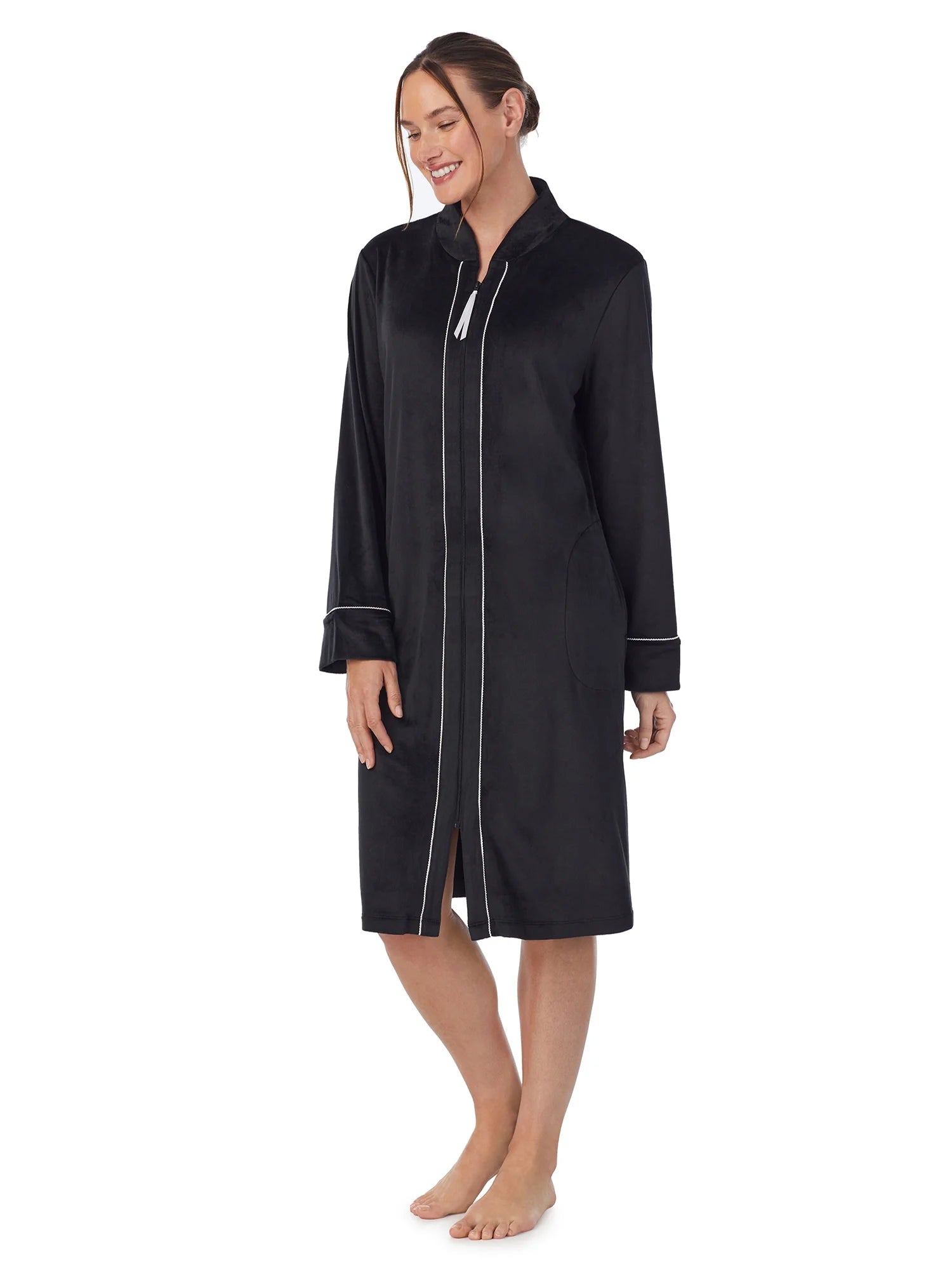 Women'S Stretch Velour Long Sleeve Zip Front Sleepwear Robe with Pockets, Sizes XS-5X