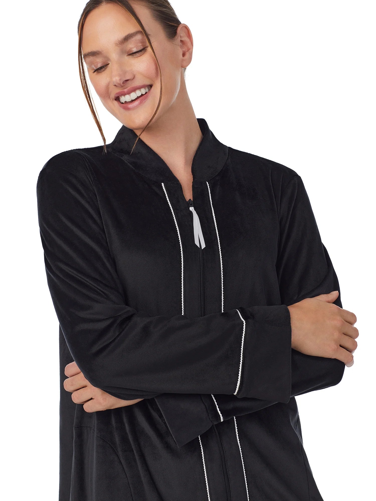 Women'S Stretch Velour Long Sleeve Zip Front Sleepwear Robe with Pockets, Sizes XS-5X