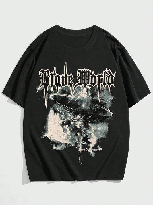 ROMWE MEN Grunge Punk Men Letter Graphic Tee, School