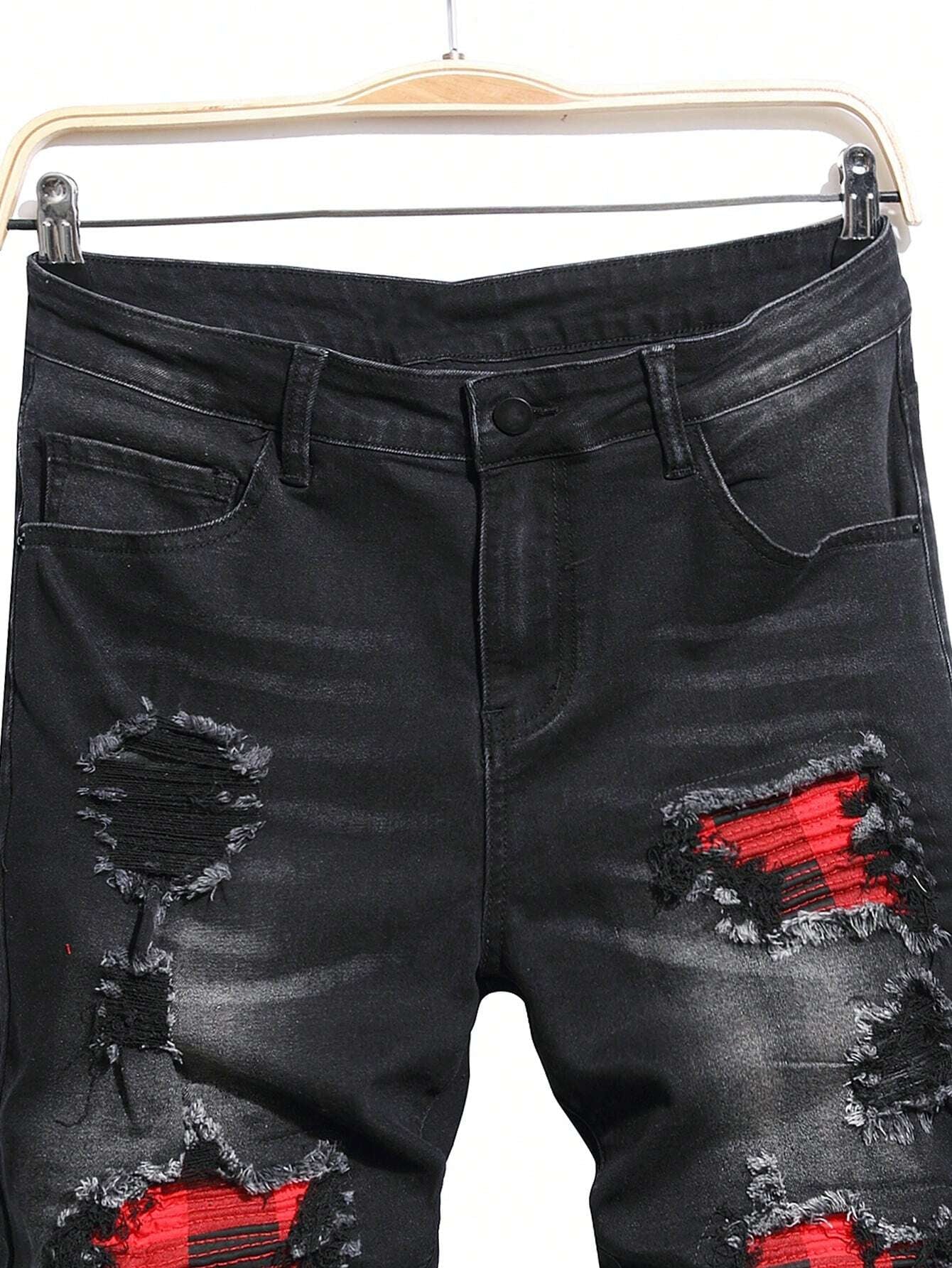 Manfinity EMRG Men'S Washed Ripped Denim Shorts Plain Denim Jorts Black Denim Shorts, for Husband, Boyfriend Gifts