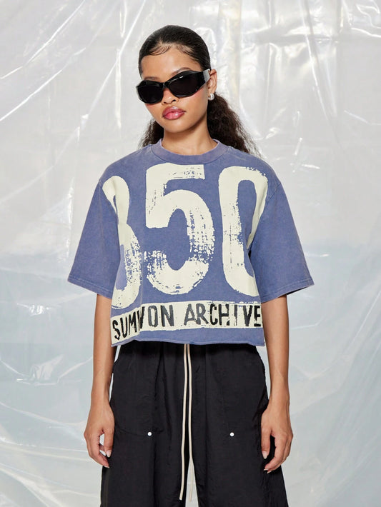 SUMWON WOMEN Street Washed Boxy Raw Edge Hem Tee with Large Graphic Print