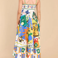 Women Boho Graffiti Cami Long Dress Graphic Spaghetti Strap Flowy Maxi Dress Square Neck Colorful a Line Sundress